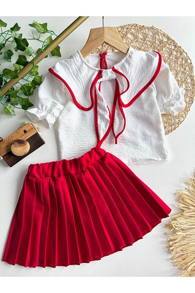 tunays shopping Summer Short Sleeve Blouse Pleated Skirt Girls' Set