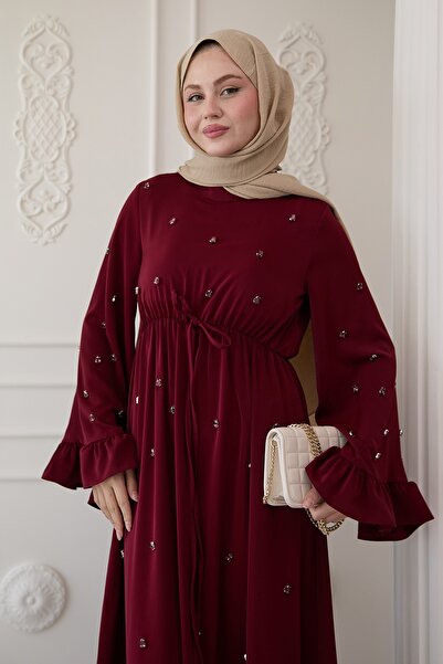 InStyle Stone Embroidered Sleeve Ruffled Burgundy Dress