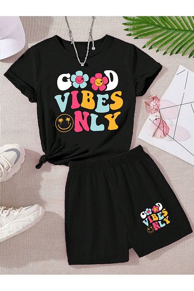 PENTHİLUS Set de tricou și pantaloni scurți cu mânecă scurtă cu imprimeu cu litere de desene animate pentru fete adolescente