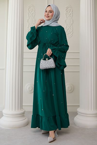 InStyle Ember Green Dress with Stone Embroidered Sleeves and Ruffles