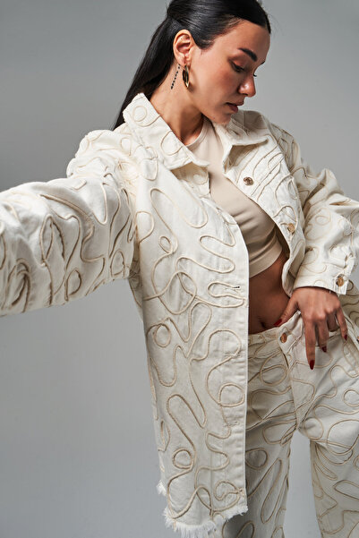 its basic Női Ecru Color 7s5-101 speciális szövet, túlméretezett 100% pamut design farmerdzseki