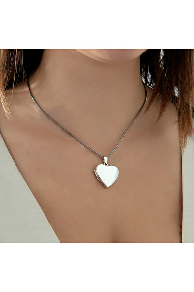 Pinart 925 Ayar Gümüş Kalpli Düz Kapaklı Açılabilen Kolye Pnrtb001406