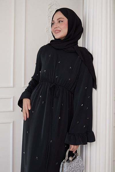 InStyle Rochie neagră cu volane cu mâneci brodate cu piatră