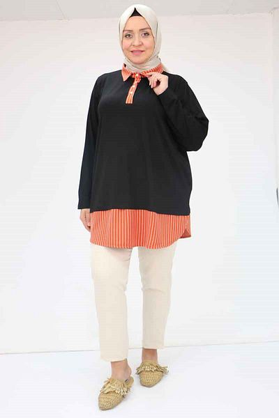 Eslina 58037 Large Size Half Placket Garnished Combed Cotton Tunic - Black-Tile