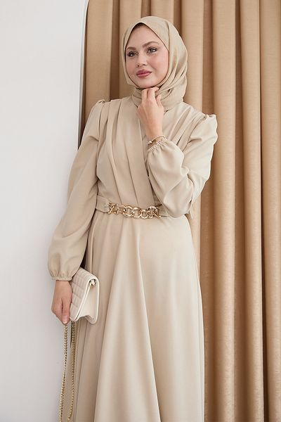 InStyle فستان حجري بياقة مزدوجة الصدر وحزام على شكل سلسلة