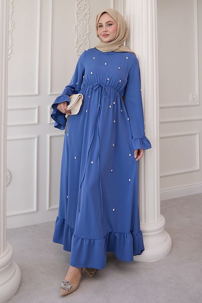 InStyle Rochie albastră cu volane cu mâneci brodate cu piatră