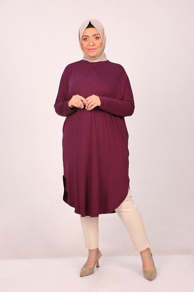 Eslina 38110 Plus Size Low Sleeve Combed Cotton Tunic - Purple