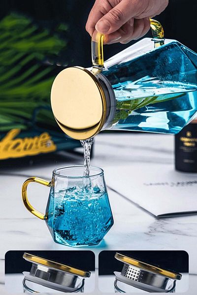 Jenisa 7 Piece Glass Soft Drink Set Jug and Glasses with Strainer Soft Drink Set 2 Liters