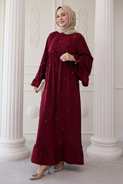 InStyle Stone Embroidered Sleeve Ruffled Burgundy Dress
