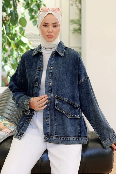 Bestenur Stoned Denim Jacket 1438 - Σκούρο Μπλε
