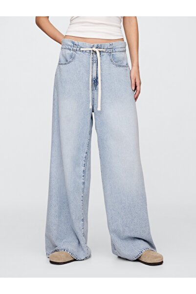 GAP Kadın Mavi Mid Rise SuperLight Pull-On Baggy Jean Pantolon