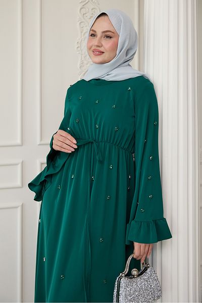 InStyle Ember Green Dress with Stone Embroidered Sleeves and Ruffles