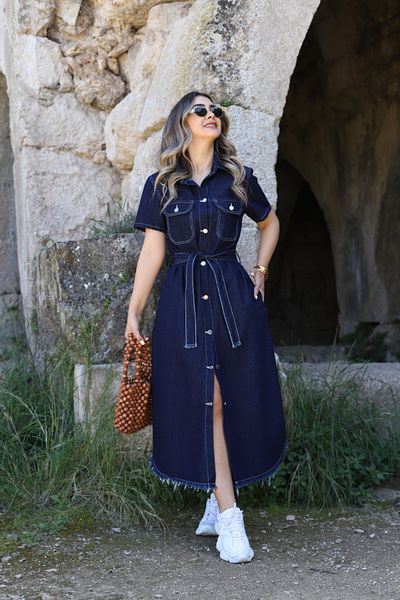 bytugcekaya Rochie de jeans cu mânecă scurtă, albastru bleumarin, cu buzunare cu curea