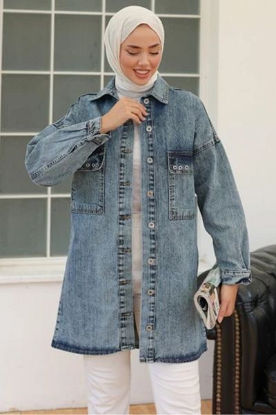 Bestenur Bird Eye Denim Jacket 1462 - Ανοιχτό μπλε