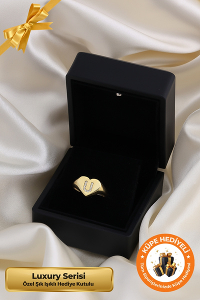 Lucente Jewellery Luxury Serisi Işıklı Hediye Kutulu U Harf 925 Ayar Gümüş Altın Kaplama Ayarlanabilir Harfli Yüzük