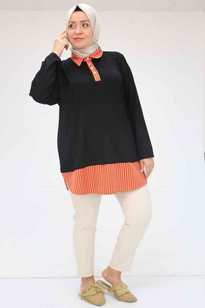 Eslina 58037 Large Size Half Placket Garnished Combed Cotton Tunic - Black-Tile