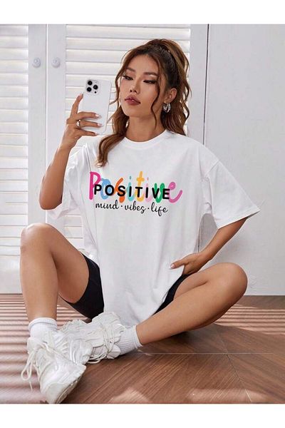 JANSO GROUP - Women Short Sleeve Tshirt Positive Printed Cotton Large Size Oversize Cotton