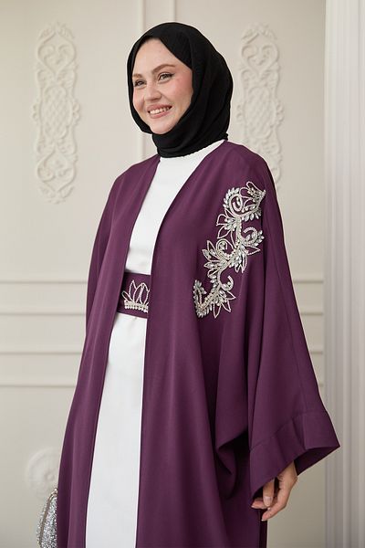 InStyle Purple Bat Sleeve Dress Abaya with Stones on the Collar