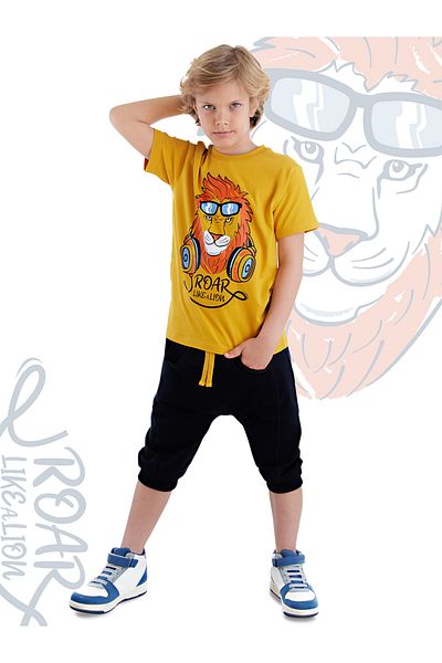 MSHB&G Boy's Lion Yellow Summer T-shirt and Capri Shorts Set with Pocket Detail