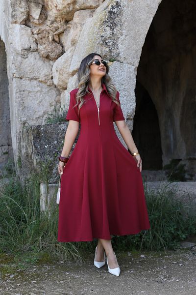 bytugcekaya Rochie clopot din bumbac burgundy cu jumătate de fermoar