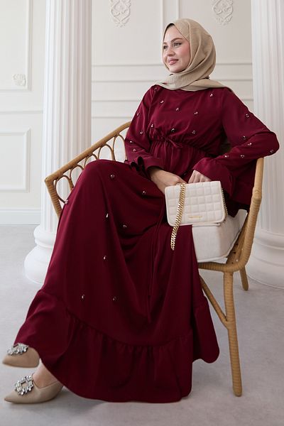 InStyle Rochie burgundă cu volane cu mâneci brodate cu piatră