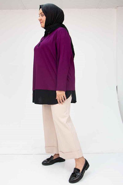 Eslina 58059 Large Size Half Placket Buttoned Combed Cotton Tunic - Plum-Black