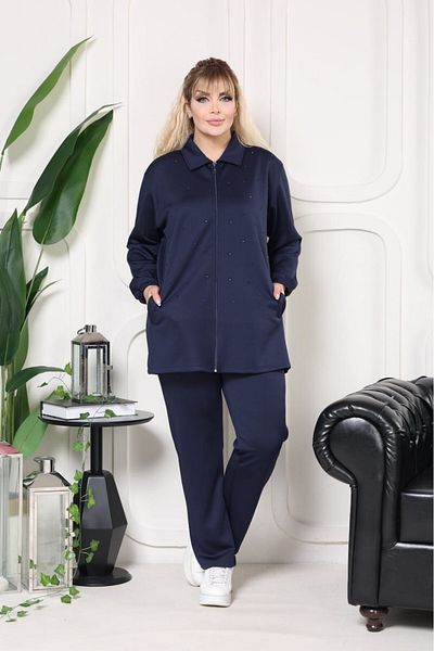 sinemisxxl Navy Blue Stone Detailed Large Size Bottom Top Set
