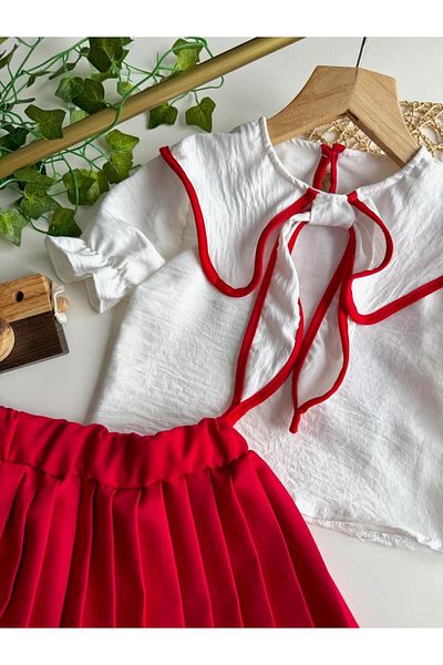 tunays shopping Summer Short Sleeve Blouse Pleated Skirt Girls' Set