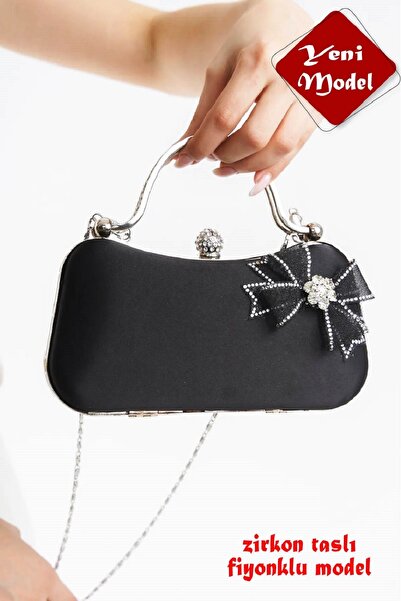 ZEYYMODA Geantă de seară cu fundă din tul, satin negru, geantă de mână, geant...