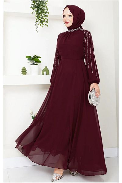 InStyle Burgundy Chiffon Evening Dress with Stones and Sequins on the Sleeves