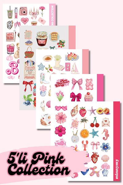 Minnymy 5-Piece Pink Collection Sticker, Sticker, Agenda, Diary, Planner, Bullet Journal, Scrapbook