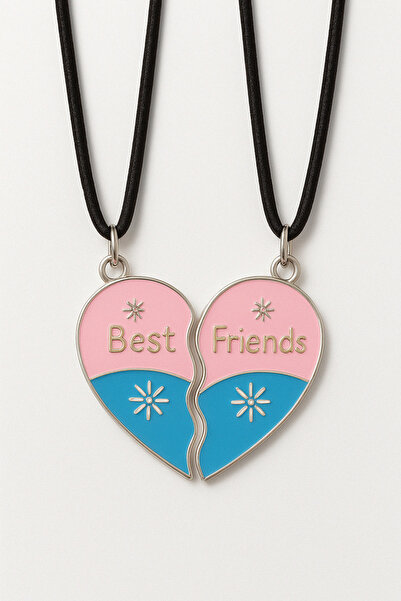 MakeWell Best Friends Tavşanlı Kalpli Gülen Yüzlü Arkadaşlık Kolyeleri Deri İpli 2li Kolye