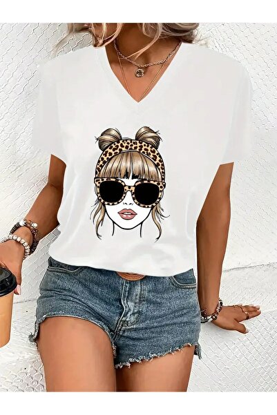 WOODROFFE Kadın V yaka Beyaz Siyah T-Shirt Baskılı Oversize Salaş