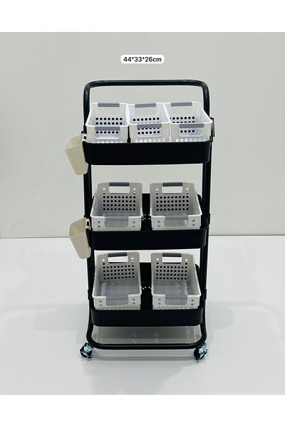 TrentonGCC Three-Tier Black Metal Cart with Perforated Plastic Baskets