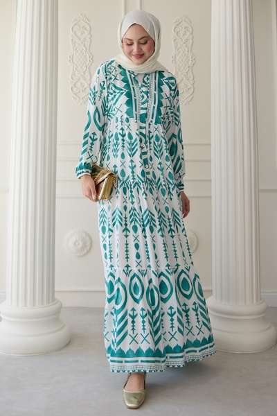 InStyle Colorful Motif Patterned Turquoise Viscose Dress