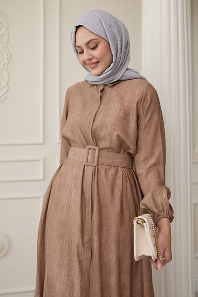 InStyle Πουκάμισο γιακά Ζώνη Απλό Καφέ Φόρεμα