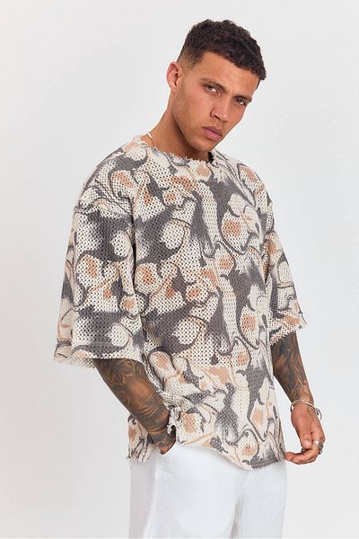 İLKCET MODA Knitted Jacquard Half Sleeve Oversize Tshirt