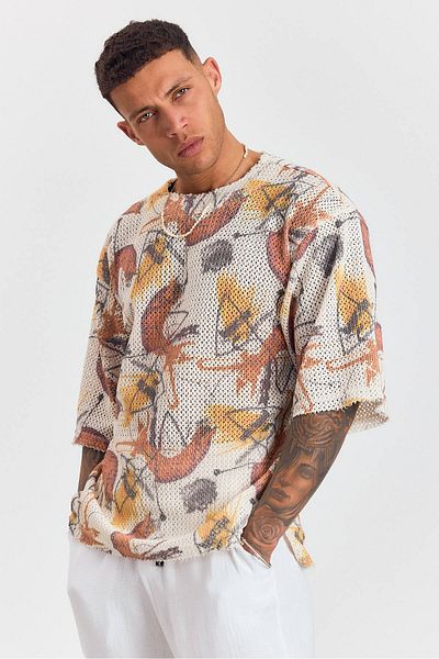 İLKCET MODA Πλεκτό Ζακάρ Μισόμανικο Oversize Tshirt