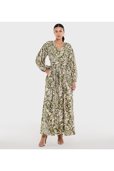 BCBG فستان نسائي مطبوع بفتحة رقبة على شكل حرف V