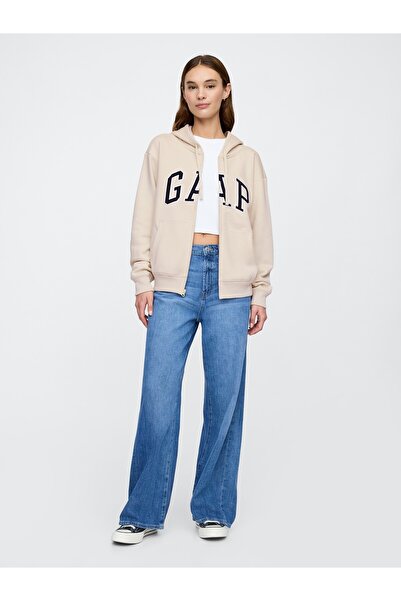 GAP Γυναικείο φούτερ με φερμουάρ με λογότυπο μπεζ