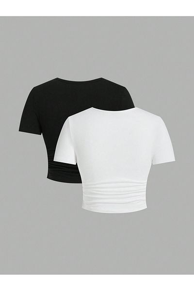 EVIus Set de două tricouri crop pentru femei, cu imprimeu Spider Spider, cu decolteu rotund