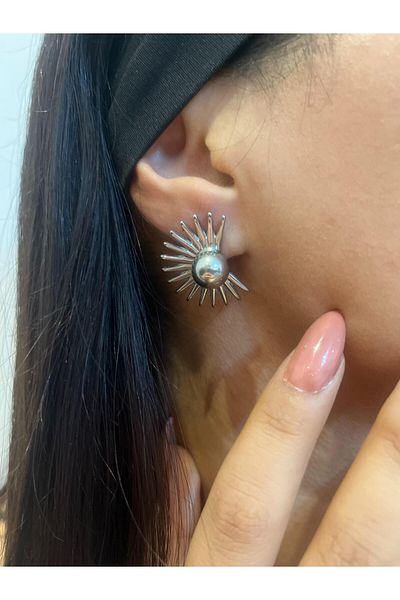 MAY AKSESUAR VE TAKI Steel Half Moon Earrings Ball Detailed Silver Color Steel Earrings