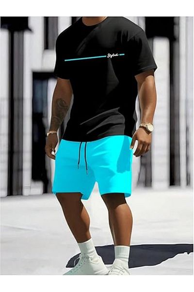 PENTHİLUS Set trening din 2 piese pentru bărbați, tricou grafic cu mânecă scurtă și pantaloni scurți cu șireturi
