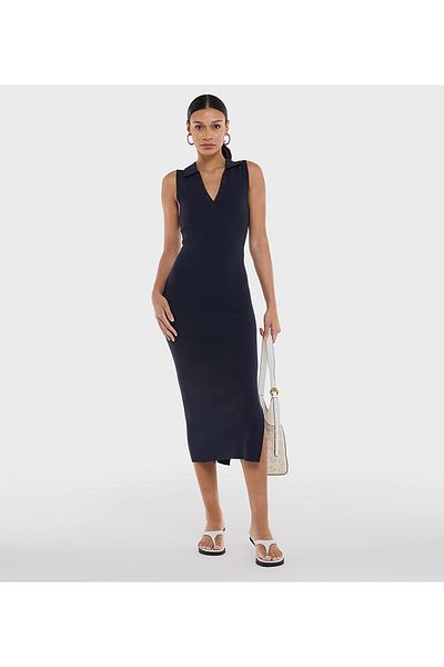 BCBG SLEEVELESS POLO NECK KNIT MIDI DRESS