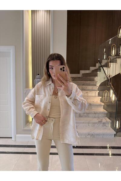 CKBUTİK Bej Kendinden Desenli Transparan Gömlek-29673