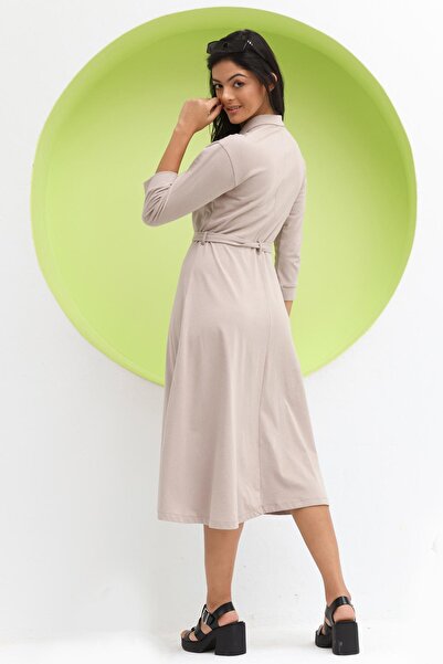 Polo State Μπεζ γυναικείο μακρύ φόρεμα με γιακά πόλο με κουμπιά με ζώνη στη μέση