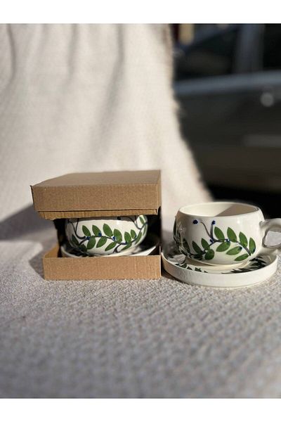 ColorCraft Green Leaf Patterned Ceramic Mug with Plate