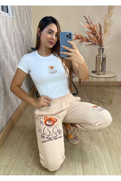 PENTHİLUS Set de tricou cu mânecă scurtă și pantaloni lungi cu model de ursuleț simplu