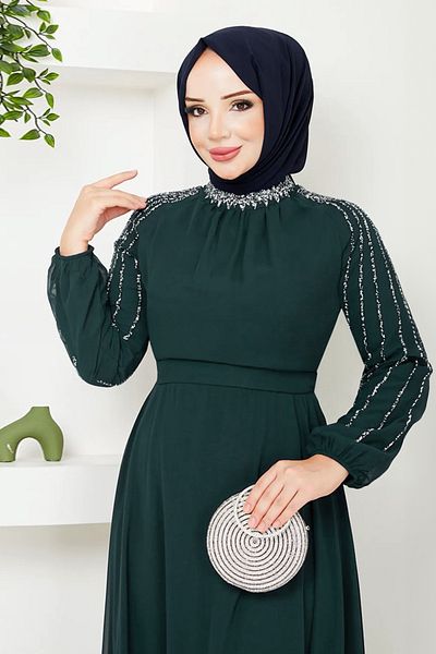 InStyle Βραδινό φόρεμα από σμαραγδένιο πράσινο σιφόν με παγιέτες με πέτρες μανίκια