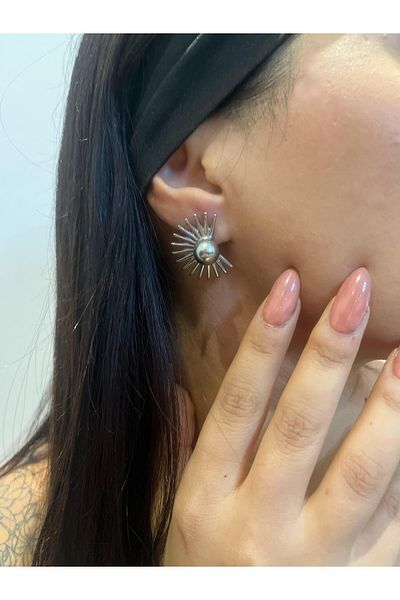 MAY AKSESUAR VE TAKI Steel Half Moon Earrings Ball Detailed Silver Color Steel Earrings